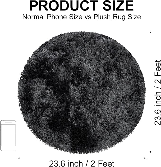Tie Dye Black Round Rugs Small 2x2 ft Fluffy Circle Rug Furry Carpet Shaggy - Image 2