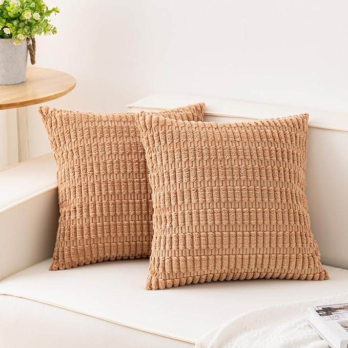Pack of 2 Corduroy Decorative Throw Pillow Covers 18x18 Inch Soft Striped by Unknown