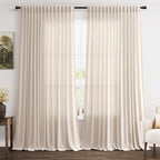 Beige Large Window Curtains Light Filtering Semi Sheer Privacy Linen Textured by Nanspring