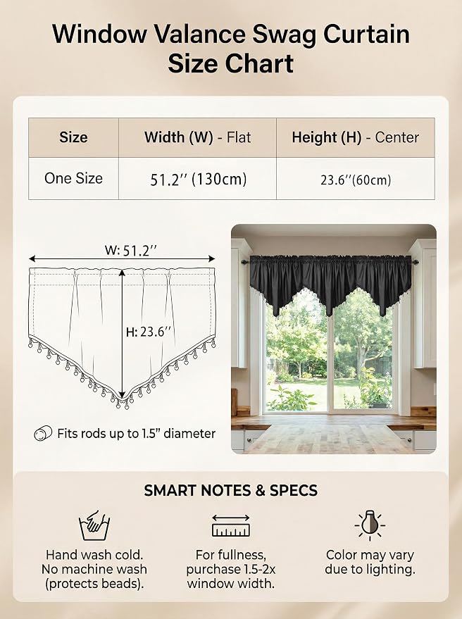 Molaxhome Swag Curtain 51 inch Length Rod Pocket Scalloped Curtain Valance - Image 4