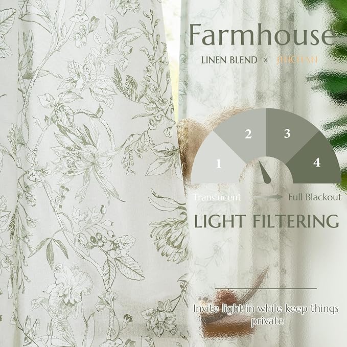 jinchan Floral Curtains 63 Inch Length Sage Green Flower Linen Farmhouse Curtain - Image 3