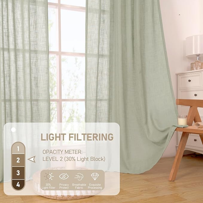 LAMIT Sage Grey Linen Boho Curtains 68 inch Length 2 Panels, Light Filtering - Image 4