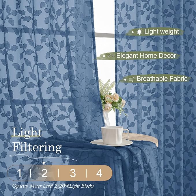 Chyhomenyc Dusty Blue Sheer Curtains 36 Inch Length, Light Filtering Leaf - Image 2