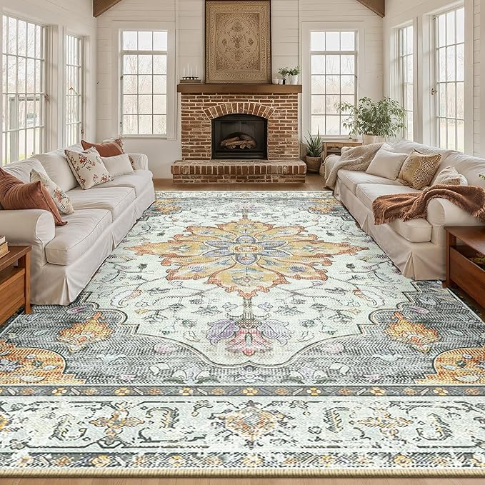 RELEANY Area Rugs 10'x14' Washable Non-Slip, Floral Vintage Distress Print by RELEANY