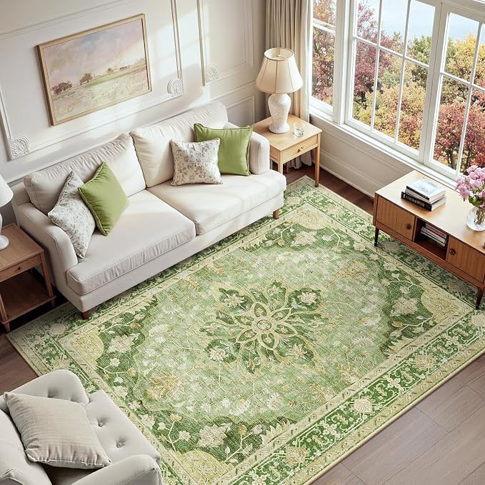 RELEANY Area Rugs 6'x9' Washable Non-Slip, Floral Vintage Distress Print by RELEANY