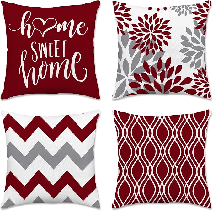 Hexagram Geometric Burgundy Pillow Covers 20x20 Set of 4, Decorative Outdoor by Hexagram