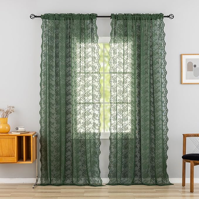 YJ YANJUN Vintage Lace Curtains 84 Inches Long- Country Olive Green Boho Sheer - Image 4