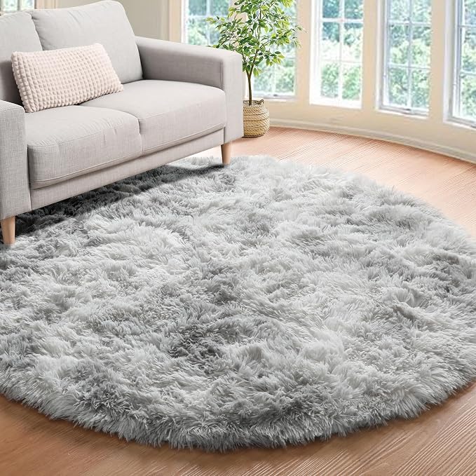 ONASAR Round Rugs 5ft for Bedroom Living Room, Fluffy Tie-Dyed Light Grey - Image 9