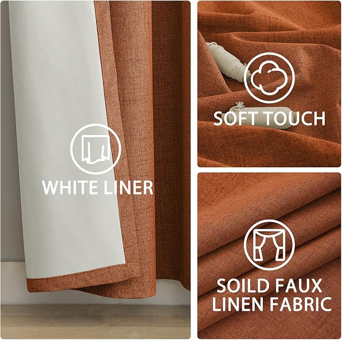 Yakamok Burnt Orange Linen Curtains 100% Blackout 96 Inches Long, Room - Image 6