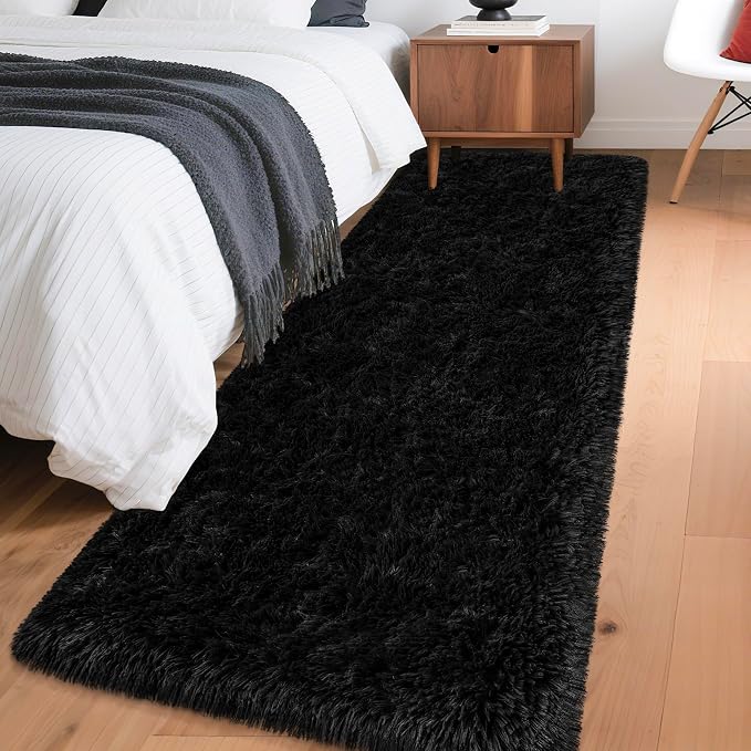 2x6 Bedside Area Rugs for Bedroom Soft Fluffy Shag Black Rug for Hallway by JiaoBaba