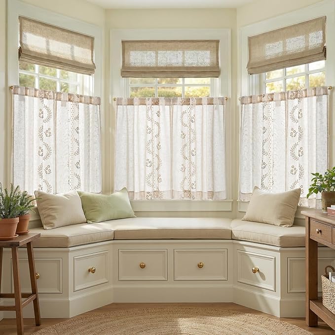 jinchan Belrose Linen Floral Kitchen Curtains 36 inch Length Embroidered - Image 2