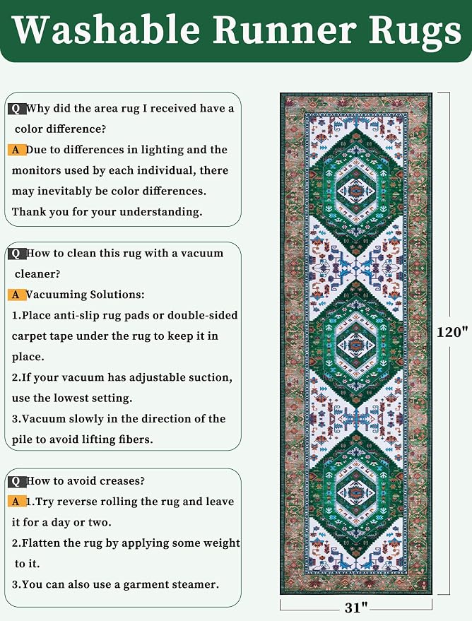 SERISSA Runner Rug for Hallways, Long Boho Rug Vintage Green White Hallway - Image 6