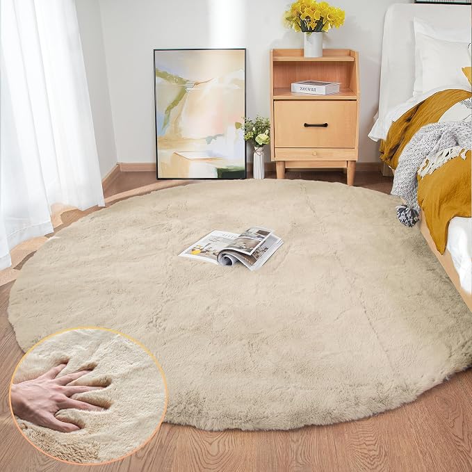 ORINOVA Washable Shag Round Rugs 6ft Camel Plush Faux Rabbit Furry Fur Rugs by ORINOVA