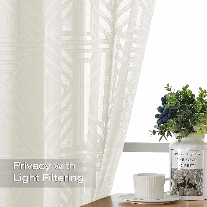 Simplebrand Ivory Semi Sheer Curtains 45 Inch Length 2 Panels, Geometric - Image 2