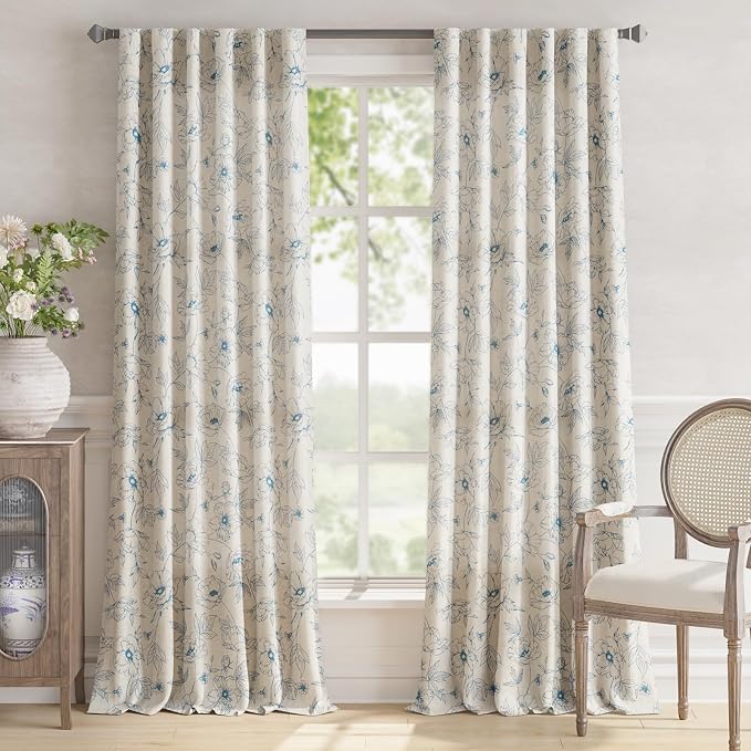 jinchan Floral Linen Curtains for Living Room 96 Inch Length Blue Flower - Image 2