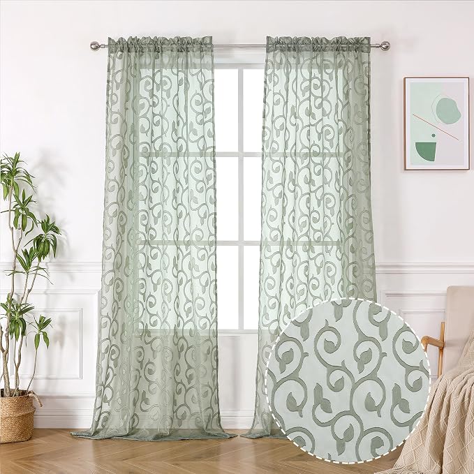 OWENIE Furman Sheer Sage Green Curtains 90 inches Long - Image 2