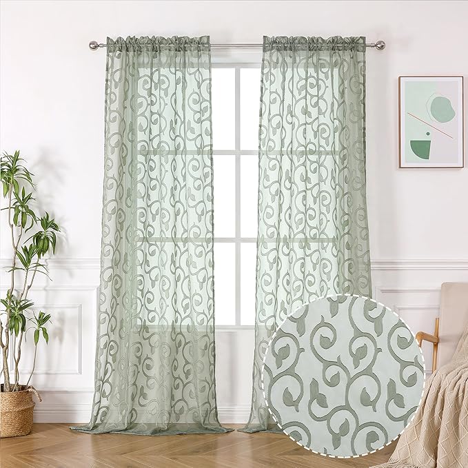 OWENIE Furman Sage Green Sheer Curtains 96 inches Extra Long - Image 3
