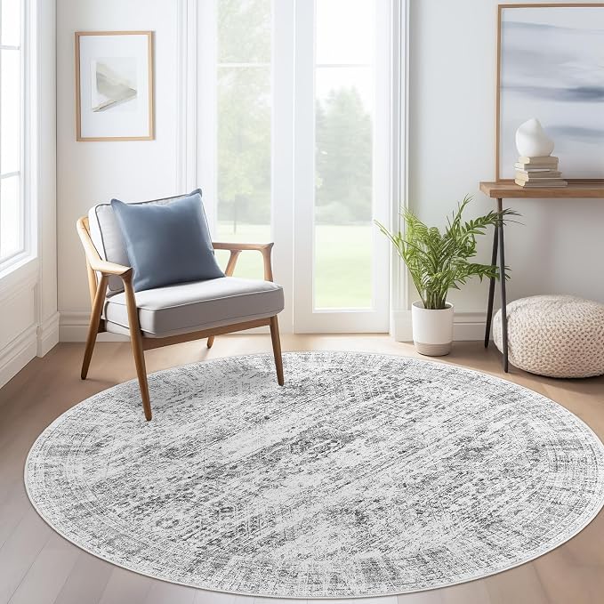 6x6 Grey Round Rug 6ft Living Room Circle Rug Gray Vintage Round Area Rug Non - Image 8