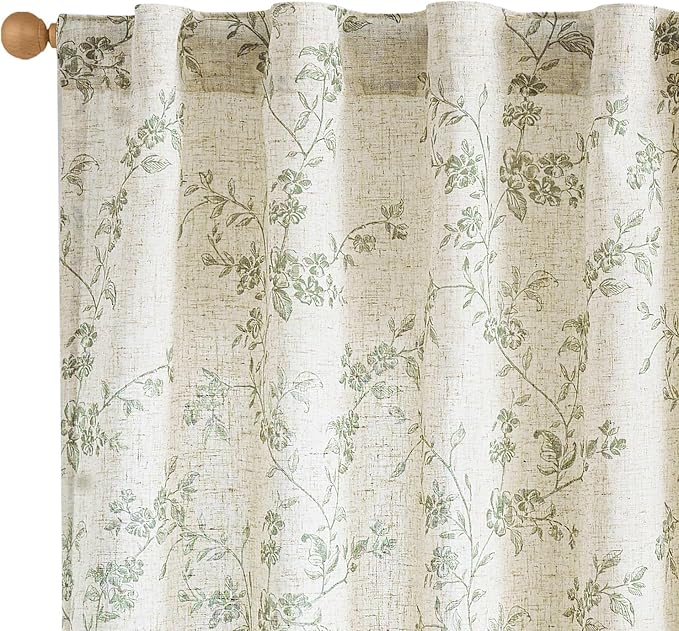 Lazzzy Green Floral Linen Curtains 96 Inch Farmhouse Back Tab Drapes by Lazzzy
