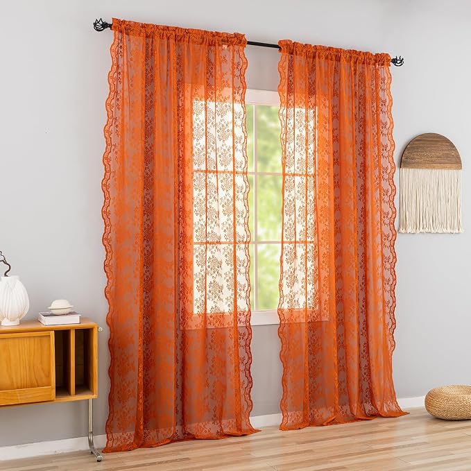 YJ YANJUN Vintage Lace Curtains 84 Inches Long-Rustic Floral Bohemian Burnt - Image 5