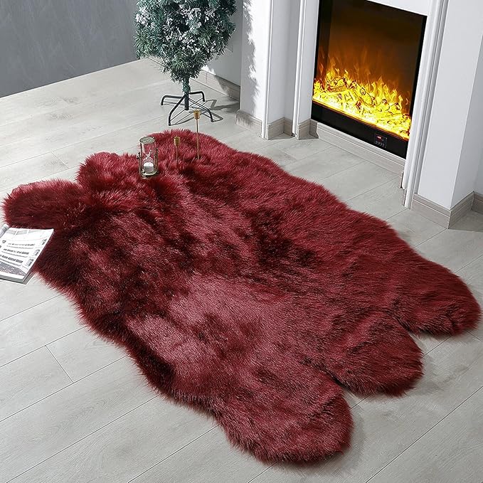 linmopm Faux Fur Rug Sheepskin Shag Fluffy Fuzzy Red 4x6 ft Rugs by Limopmfauxfurproducts
