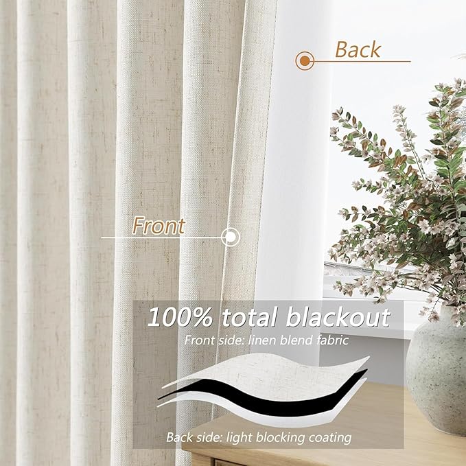 Guken Cream 100% Blackout Cream Linen Curtains 52 Inch Wide by 128 Inch 2 - Image 4