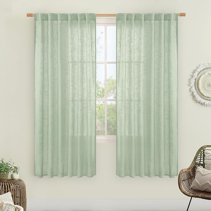 LAMIT Fresh Green Linen Boho Curtains 68 inch Length 2 Panels, Light Filtering by LAMIT