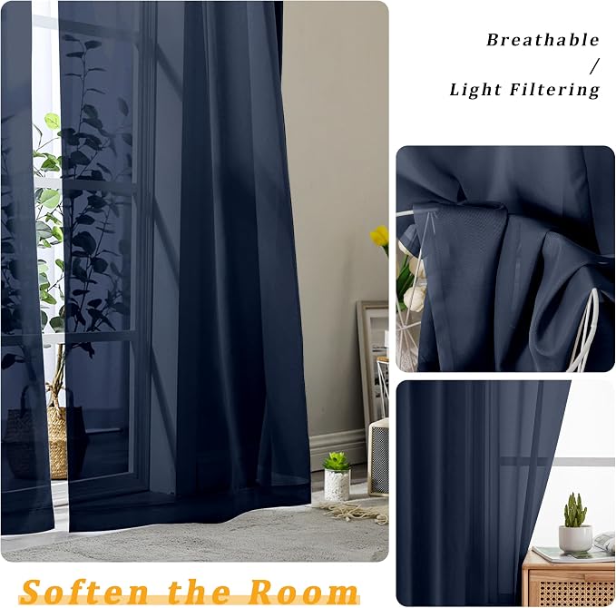Gwine Navy Blue Sheer Curtain Tiers 24 Inch Length, Light Filtering Voile Short - Image 4