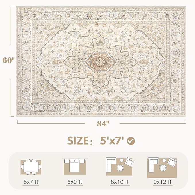 Area Rugs 5x7 Vintage Rug: Washable Living Room Rug Retro Medallion Distressed - Image 2