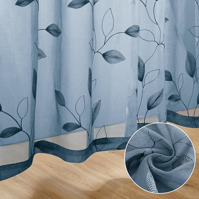HOMEIDEAS Stone Blue Floral Sheer Curtains 63 Inches Long 2 Panels Embroidered - Image 8