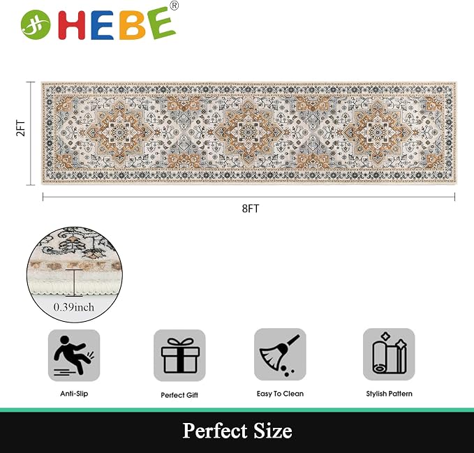 HEBE Hallway Runner Rug 2'x8' Washable Vintage Distressed Area Rugs Non Slip - Image 2