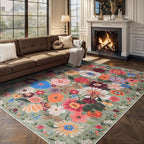 Green Area Rugs 9x12 Living Room Washable Rug Non Slip Floral Low Pile Large Rug - Image 6