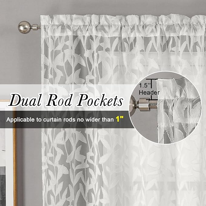 Lecloud Leia Ivory Sheer Curtains 63 Inch Length 2 Panels, Rustic Light - Image 2