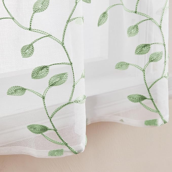 MRTREES Sheer Voile Curtain Valances 2 Panels, Sage Green Leaves Embroidered - Image 5