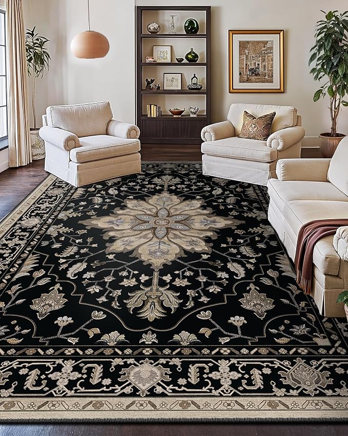 Area Rugs 10'x14' Washable Non-Slip, Floral Vintage Distress Print Pattern by RELEANY