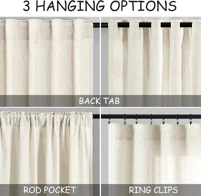 Warm Beige Linen Curtains 90 Inch Long 2 Panels Set - Image 2