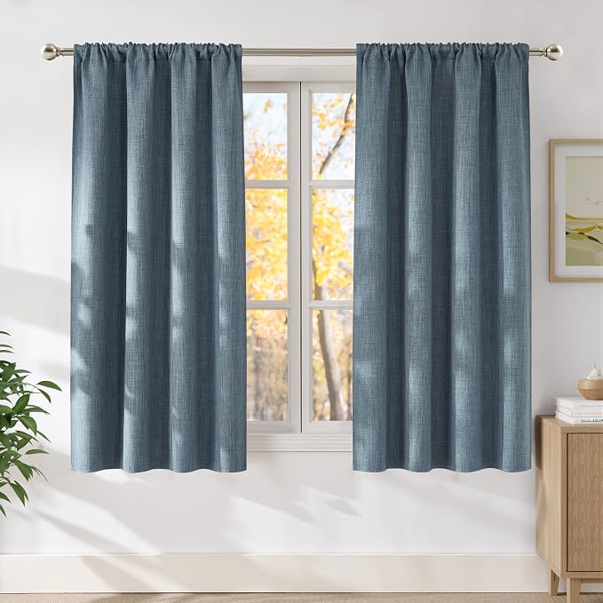NICETOWN Mist Blue Faux Linen Room Darkening Rod Pocket Curtains 63 inch Length by NICETOWN