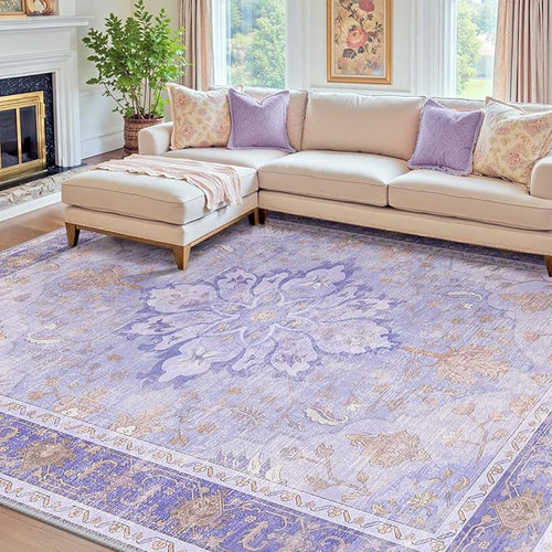 Area Rugs 8'x10' Washable Non-Slip, Floral Vintage Distress Print Pattern by RELEANY
