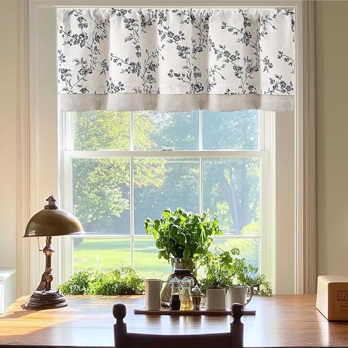 jinchan Linen Kitchen Valance for Windows 16 Inch Floral Double Layer Valance - Image 3