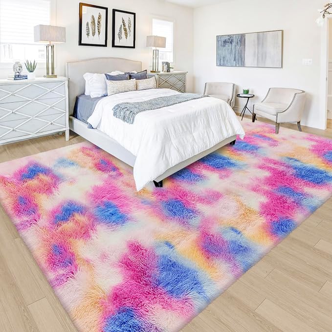 Fluffy Rainbow Colorful Rug for Living Room 6x9 Kawaii Rainbow Tie Dye Area Rug - Image 2