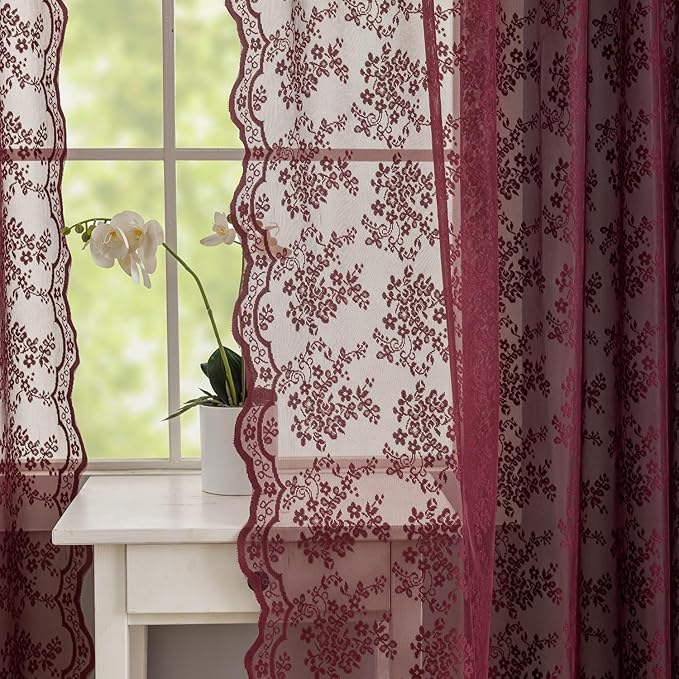 YJ YANJUN Vintage Lace Curtains 84 Inches Long- Elegant Floral Maroon Sheer - Image 2