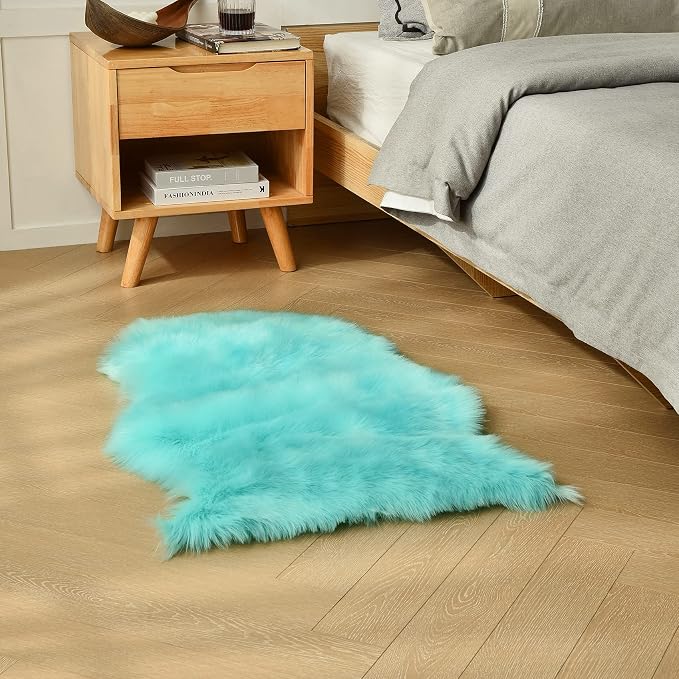 duduta Turquoise Blue Sheepskin Throw Rug 2x3 ft, Fluffy Shag Faux Fur Chair - Image 6