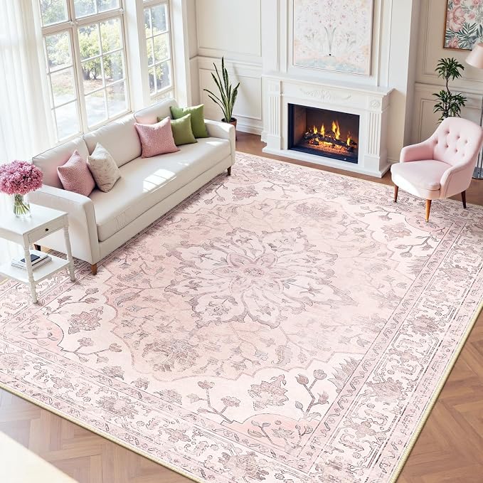 RELEANY Area Rugs 9'x12' Washable Non-Slip, Floral Vintage Distress Print by RELEANY