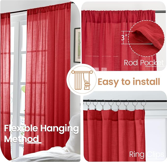 BGment Red Linen Kitchen Curtains Window Over Sink, Short Semi Sheer Drapes - Image 6