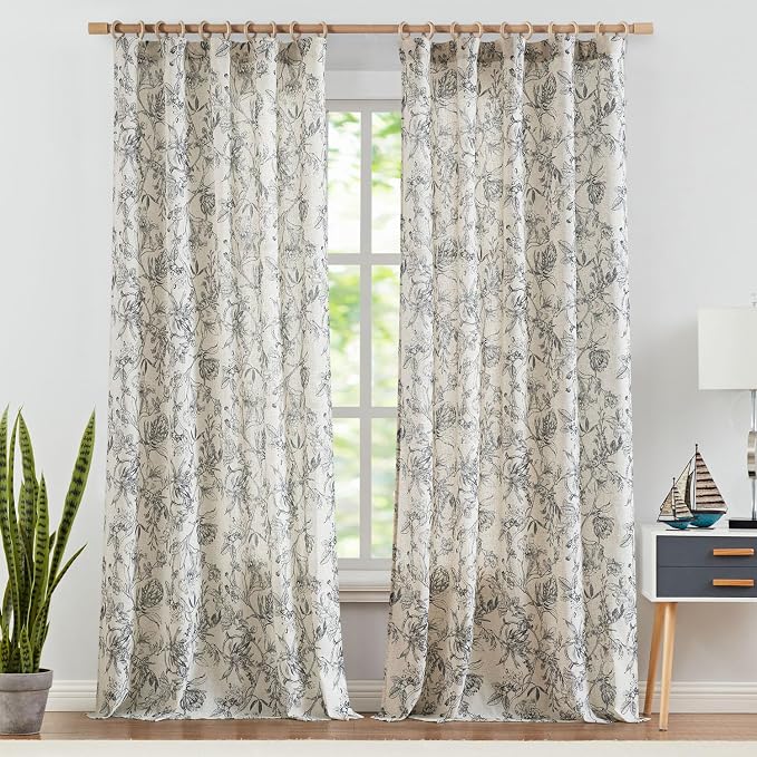 jinchan Floral Curtains 96 Inches Long Black Flower Linen Farmhouse Curtain - Image 2