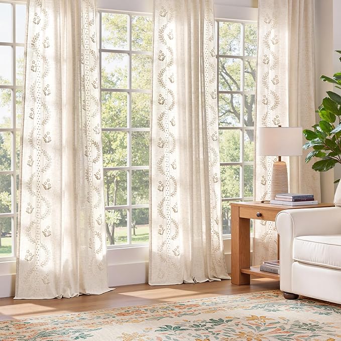jinchan Belrose Linen Curtains for Bedroom Floral Curtains 108 Inch Length - Image 3