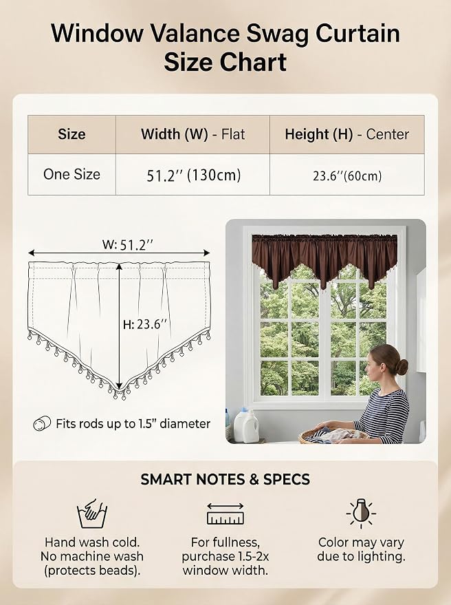 Molaxhome Swag Curtain 51 inch Length Rod Pocket Scalloped Curtain Valance - Image 2