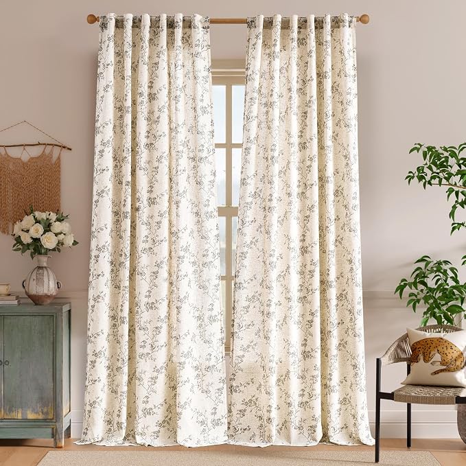 Lazzzy Farmhouse Linen Curtains Gray Floral Curtains 96 Inch Long Back Tab - Image 2