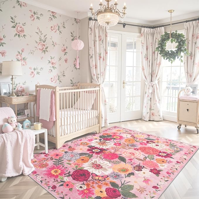 Pink Floral Girls Room Rug 4x6, Non-Slip Washable Rugs - Image 2