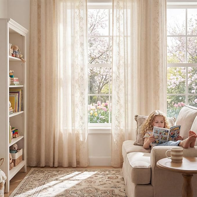 jinchan Evelyn Embroidered Linen Curtains Ivory Farmhouse Floral Window Drapes - Image 7